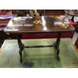 Victorian Walnut and inlaid stretcher table and two corner chairs