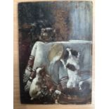 Edwardian oil on paper over a printed base, laid on panel - dogs upsetting a bowl of milk from two c