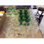 Set of eight Royal Brierley green glasses and eleven Edwardian etched glass wines