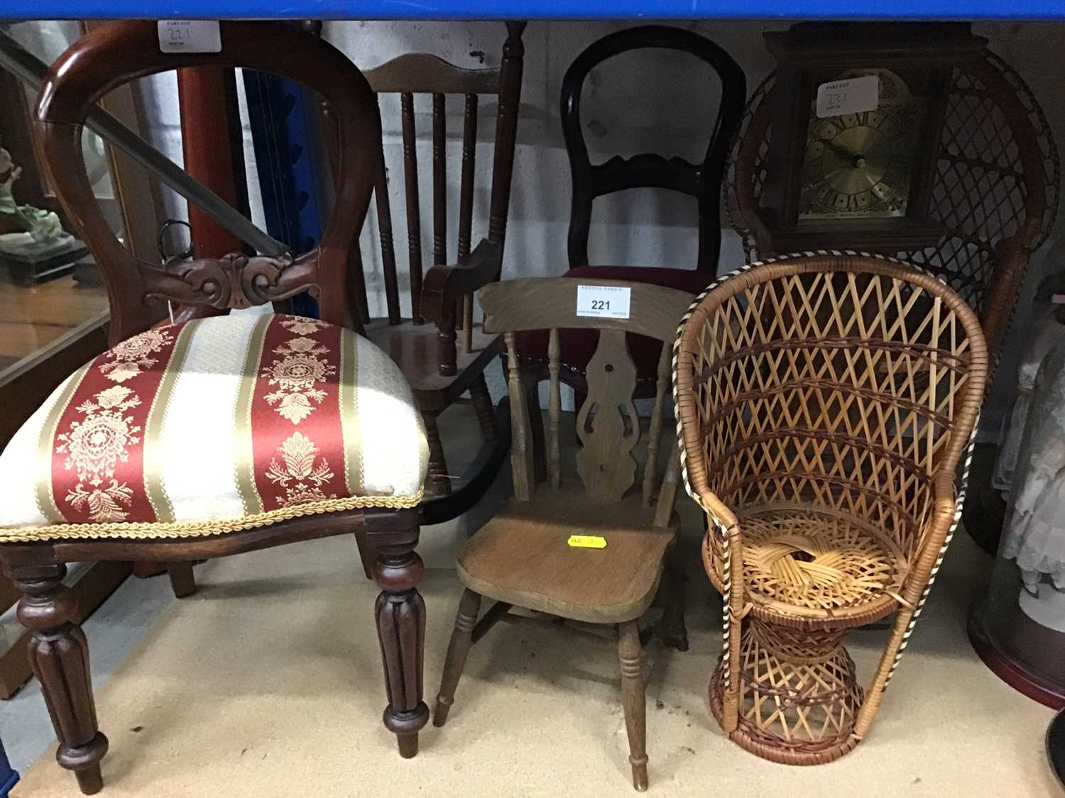 Six miniature wooden and wicker chairs, the largest measuring 18 inches height