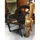 Old wooden spinning wheel, together with other sewing accessories