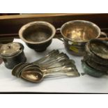Collection of silver items, including teaspoons, twin handled cup, silver mounted bowl, mustard