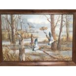 T. Boyle, English School oil on canvas - mallards in flight through the trees, signed, framed