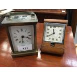 Brass carriage clock with white enamel dial, together with a brown leather cased travelling clock (2