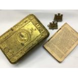 WWI Queen Mary gift tin with soldier's prayer book 1916 and two badges