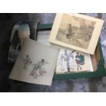 One box of Japanese silk paintings, woodblock prints and other Japanese art works