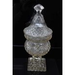 19th century diamond cut glass and cover, fan-shaped decoration around the rim, 36cm height