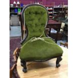 Victorian spoon back chair with buttoned green upholstery