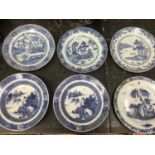 Five various 18th century Chinese export blue and white dishes, together with a delft dish