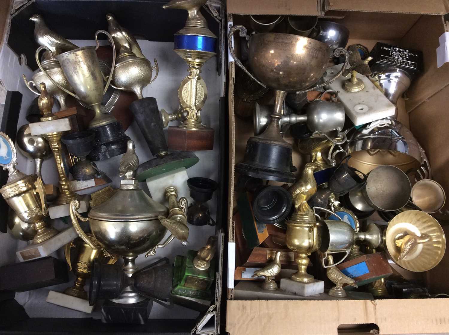 Collection pigeon racing trophies, metal ware and sundries