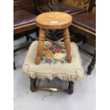 Old elm milking stool and old footstool with tapestry seat (2)