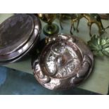 Arts & Crafts Copper dish together with a copper warming pan and other metalwares