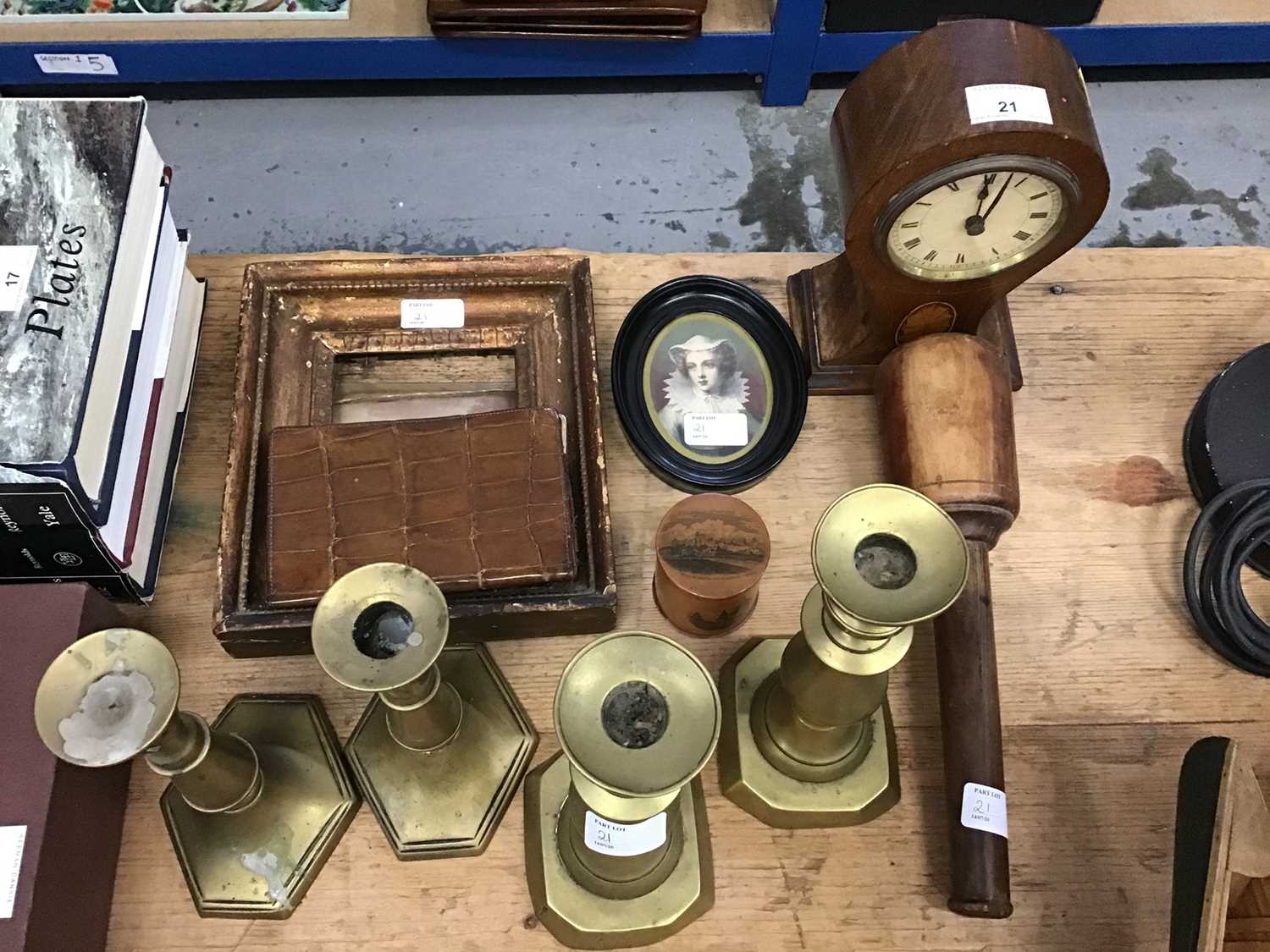 Edwardian balloon form clock, 19th century brass candlesticks, leather wallets, mauclineware box, po