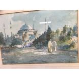T Baldasar late 19th/early 20th century - Watercolour figures before a mosque