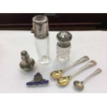 Two silver mounted glass scent bottles, silver and enamel RA sweetheart brooch and other silver item