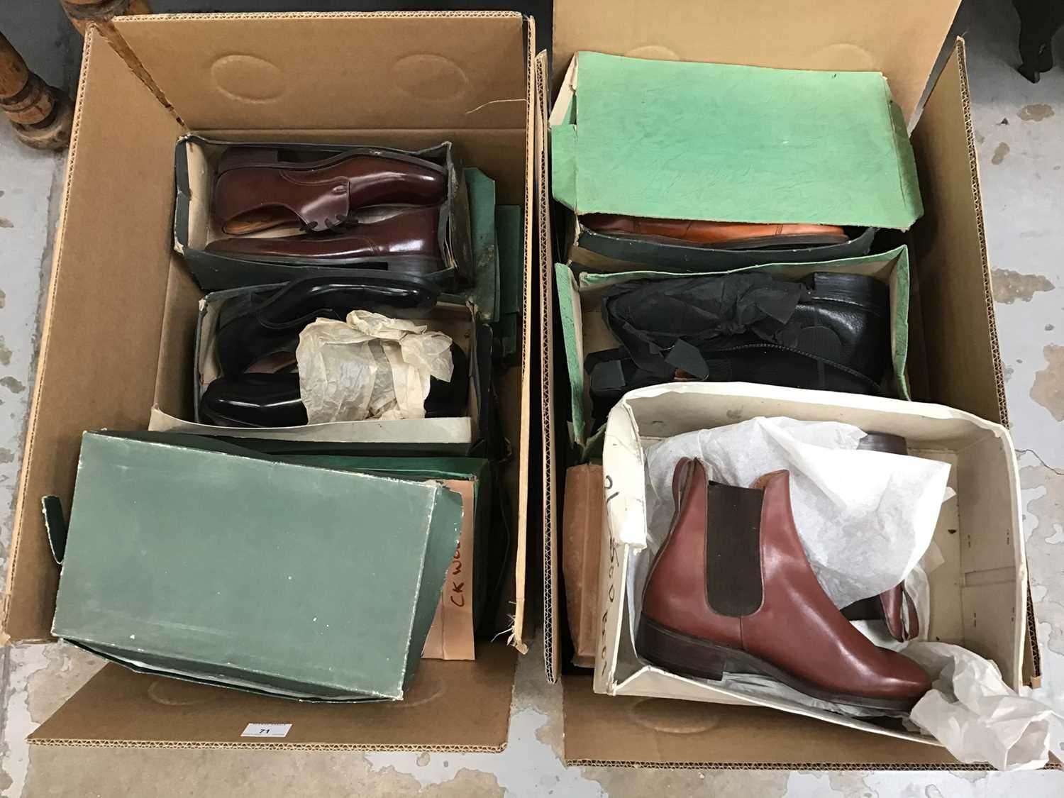 Large Quantity of Gentlemen's Vintage British leather shoes in two large boxes. Makes Technic, Maseg