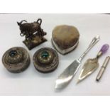 Silver mounted pin cushion, trowel book mark and other items