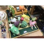 Group of amusing novelty articulated fruit and vegetable figures together with a tray and sundries