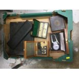 Box of vintage scientific and measuring instruments