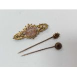 Victorian 9ct gold brooch and two Victorian stick pins