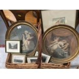 Two 19th century engravings in circular gilt frames together with other pictures and prints