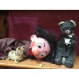 Vintage ventriloquist dummy together with two clockwork toys