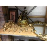 Brass coal scuttle, gilt mirror, cherub wall brackets and sundries