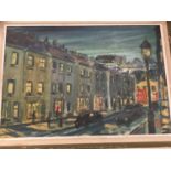 English School, mid 20th century, oil on board - London street scene, signed with initials EC, 33 x