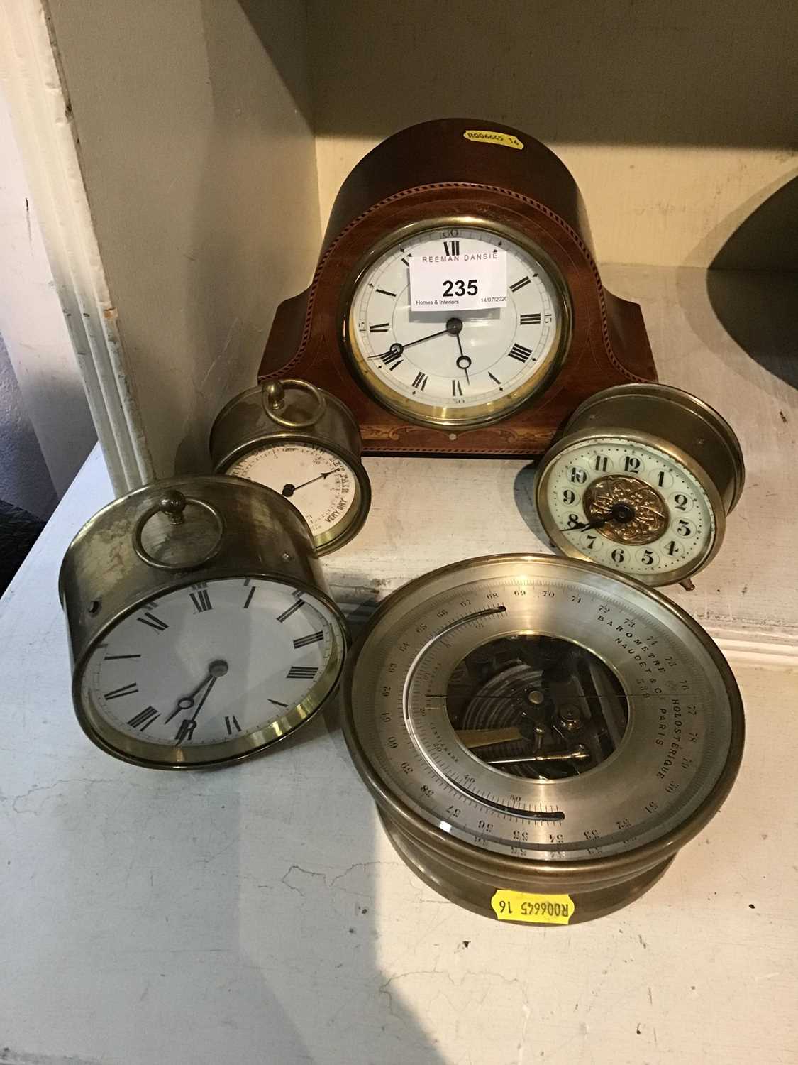 Edwardian mantel timepiece in mahogany inlaid case, two Victorian desk timepieces and two Victorian