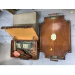 Brass railed oak serving tray, vintage brief case and one other with enamelled brush set etc