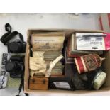 Box of miscellaneous items to include 1930s albums of Players cigarette cards, cameras, and sundries