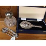 Silver topped perfume, silver cased brush and three pieces silver flatware