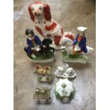Group of Staffordshire ceramics, pastel burners, figures