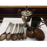 Eight silver spoons, together with a silver christening cup and a silver plated trophy