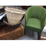 Green Lloyd Loom bucket chair, wicker hamper and two wicker baskets