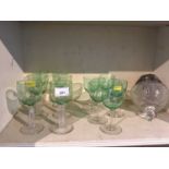 Good quality 1920s cut glass light shade and a collection of Victorian uranium glasses