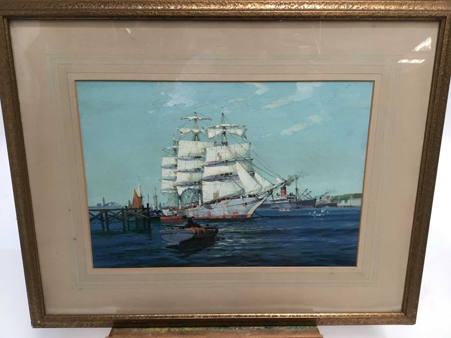 J. D. Bell, early 20th century oil on paper - shipping in the harbour, signed and dated 1919, in gla - Image 2 of 5