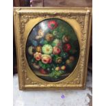 Oval oil on domed wood- still life flowers, in ornate gilt frame, together with two other animal pri