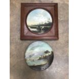 Two similar Victorian hand painted ceramic plates, one framed