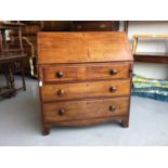 Victorian mahogany bureau, fall flap front with fitted interior above three long draws, on bracket f