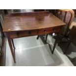 Mahogany inlaid side table with ledge back and two draws below, on square taper legs with brass cast