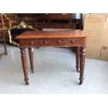 Victorian mahogany writing table, with three draws on turned legs with brass castors, 94cm in length