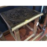 Oak side table / stool carved with Tudor rose