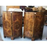 Pair of burr walnut veneered corner cupboards enclosed by hinged panelled doors, 71cm in width, 100c