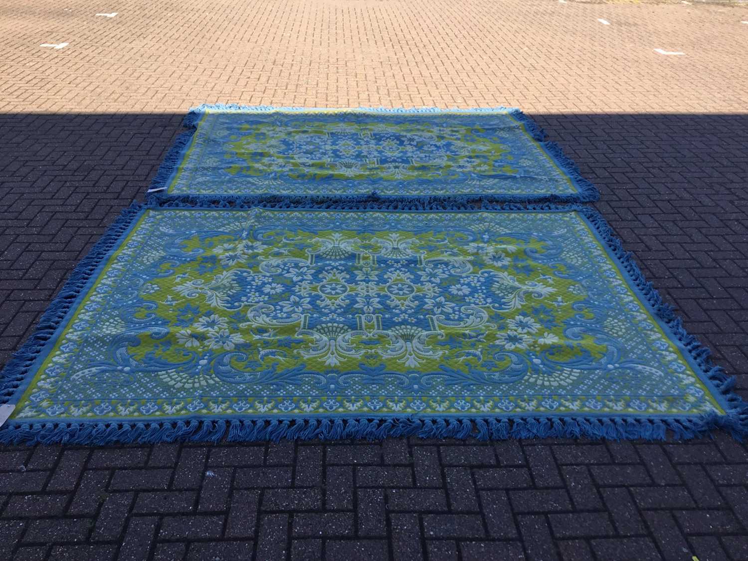 Pair of large woven rugs with foliate and scroll decoration on blue and yellow ground, each 294 x 21 - Image 2 of 2