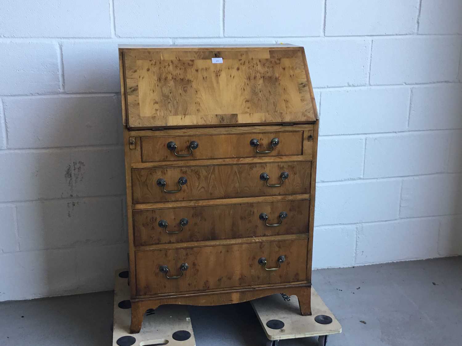 Georgian style reproduction yew wood bureau with brass swan neck handles, 69cm length, 102cm height,