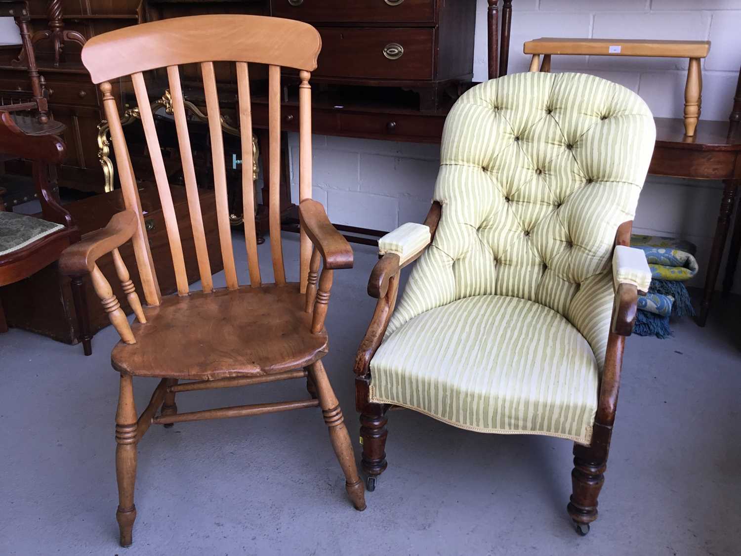 Victorian mahogany framed easy chair with scroll arms and striped buttoned upholstery together with