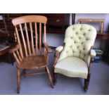 Victorian mahogany framed easy chair with scroll arms and striped buttoned upholstery together with