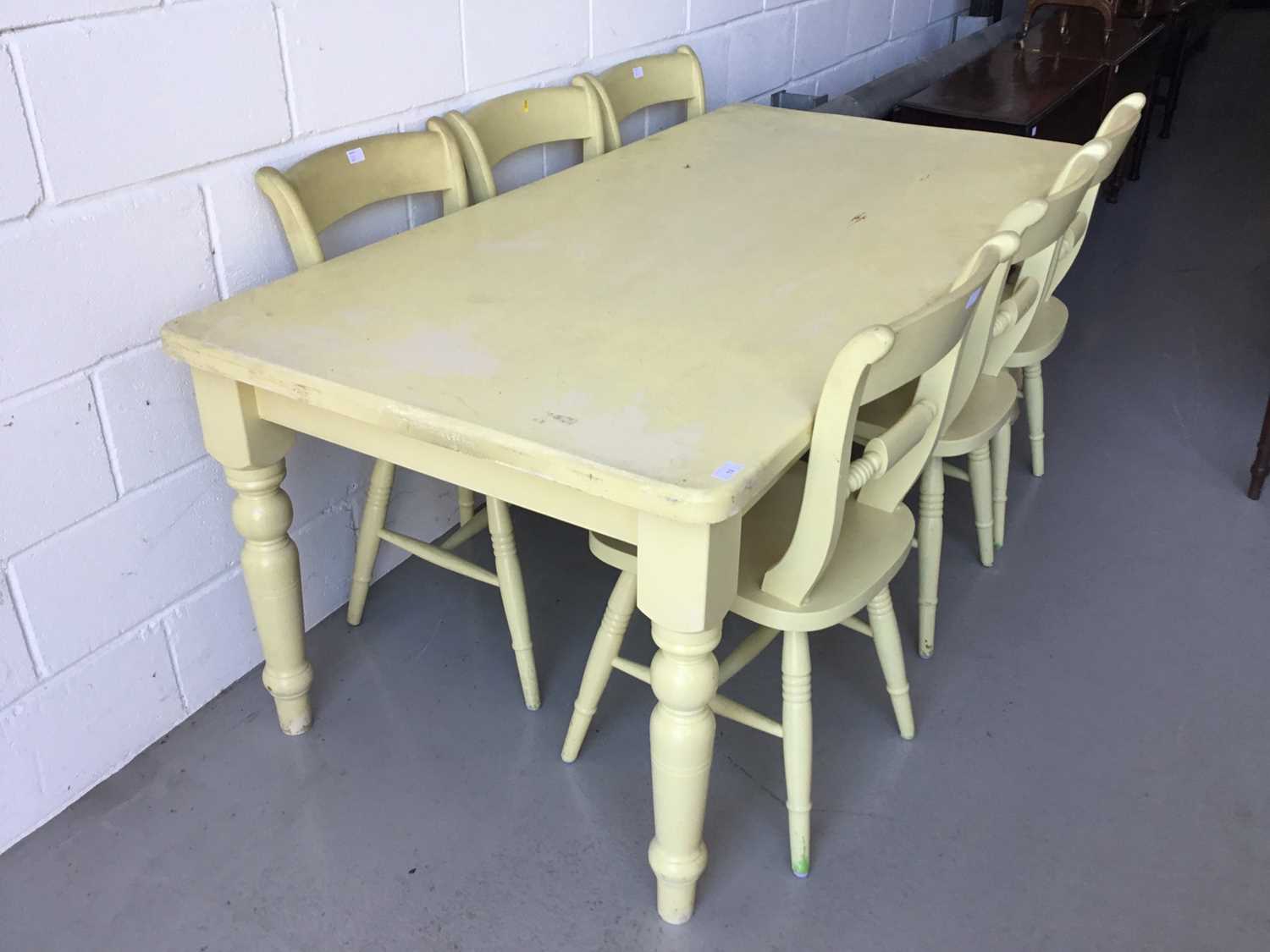 Large painted pine kitchen table on turned legs, together with six similarly painted chairs (7 piece - Image 2 of 2