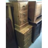 Narrow pine chest of three draws, together with a similar pine bedside chest, larger chest measuring